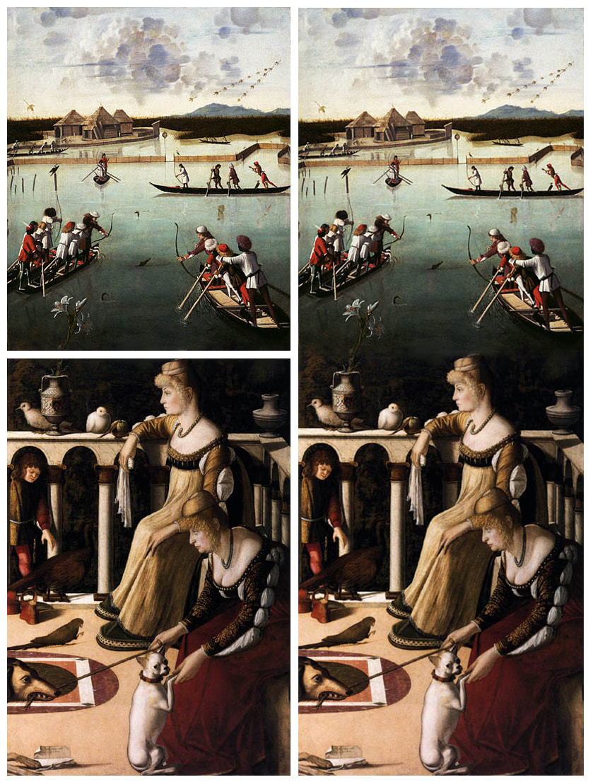 Vittore Carpaccio, ricomposizione dell'originale comprendente la scena di caccia in Laguna e le due dame veneziane (fonte: www.iltermopolio.com).