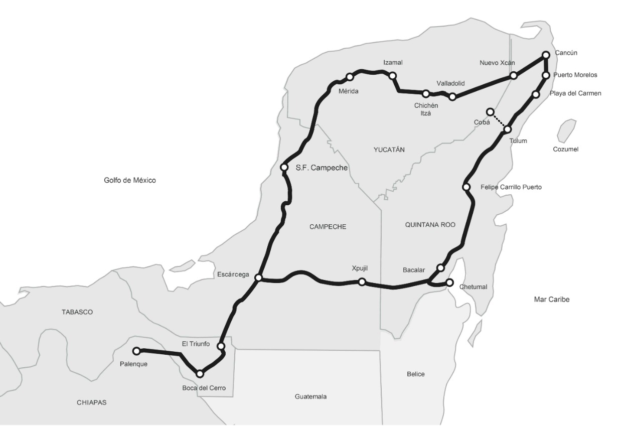 Il percorso del Tren Maya (fonte: en.wikipedia.org).