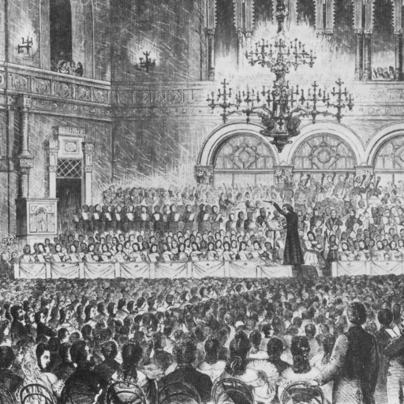 1839, Franz Liszt dirige il concerto per la raccolta di fondi per le vittime della alluvione di Pest (Vigadó Concert Hall, Pest, Ungheria; fonte: en.wikipedia.org).