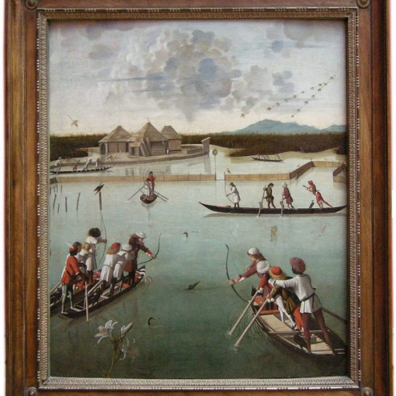 Vittore Carpaccio, Caccia in laguna (1490-95, tempera e olio su tavola, 75.4 × 63.8 cm, Los Angeles, J. Paul Getty Museum; fonte it.wikipedia.org)
