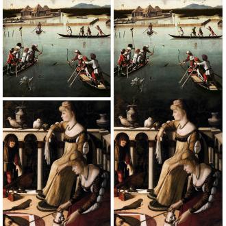 Vittore Carpaccio, ricomposizione dell'originale comprendente la scena di caccia in Laguna e le due dame veneziane (fonte: www.iltermopolio.com).