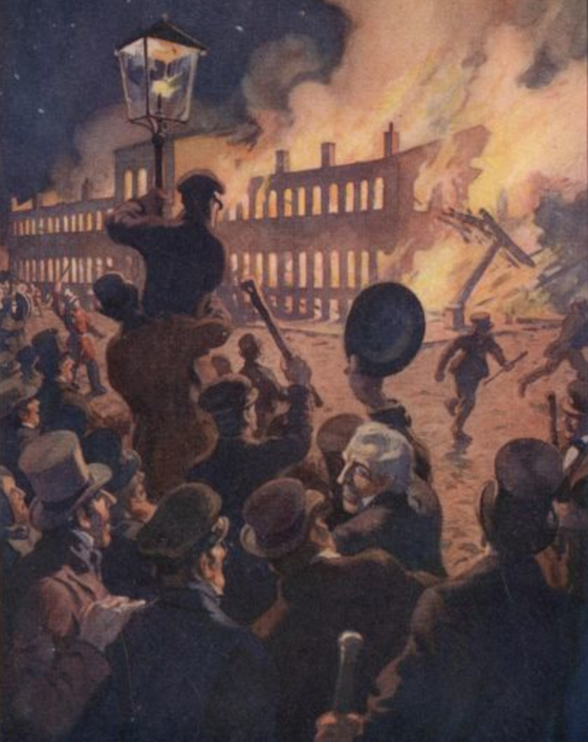 Incendio del Parlamento di Montreal, 1849 (disegno di C.W. Jefferys; fonte: gutenberg.org).