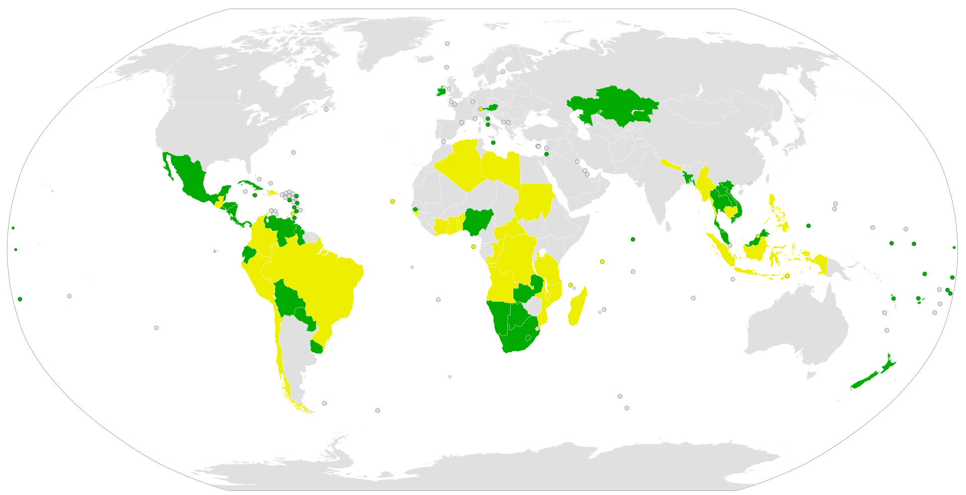 Le nazioni che hanno firmato il Trattato contro le armi nucleari (in giallo) e i cinquanta Paesi che lo hanno ratificato (in verde).