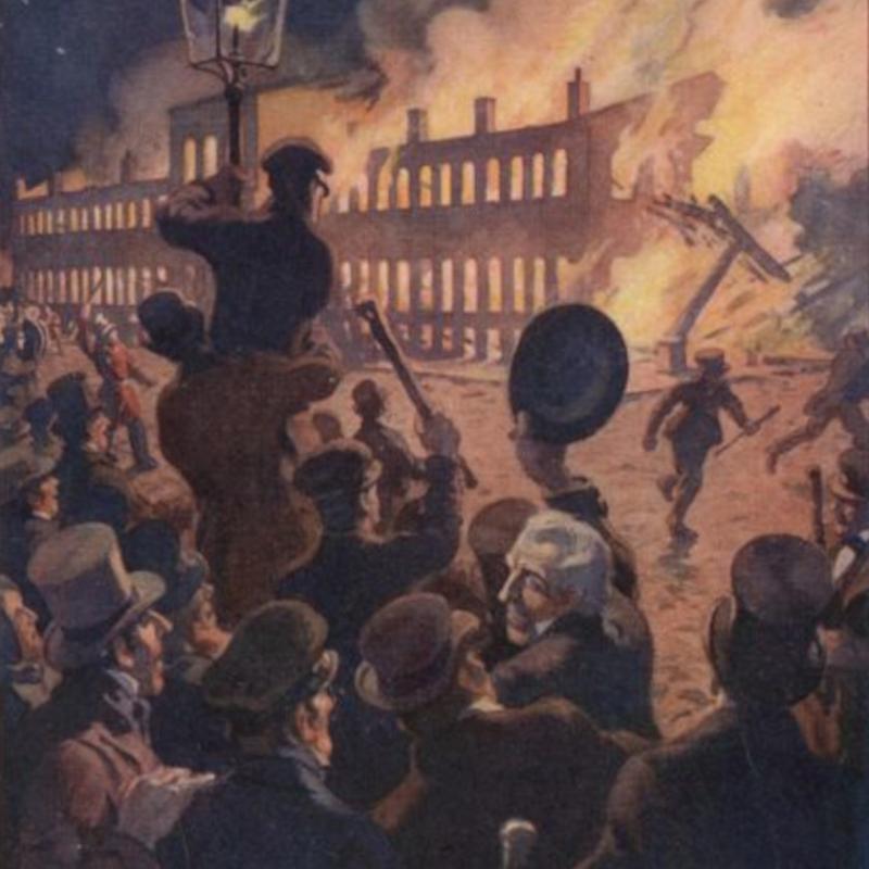Incendio del Parlamento di Montreal, 1849 (disegno di C.W. Jefferys; fonte: gutenberg.org).