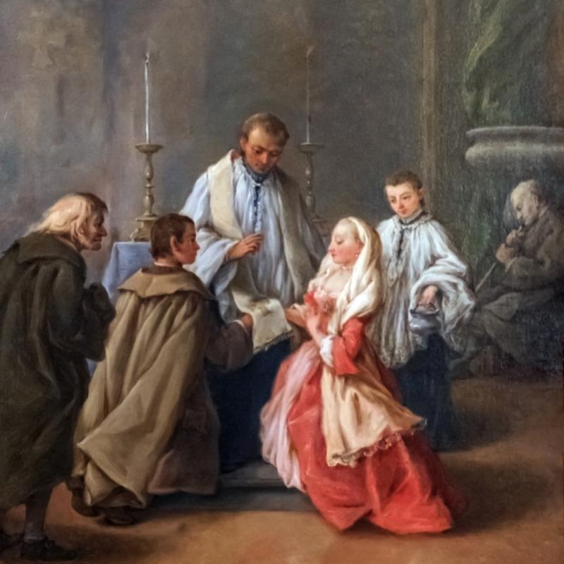Pietro Longhi, Il matrimonio (I sette sacramenti, 1755-57, Pinacoteca Querini Stampalia; fonte wikimedia.org).